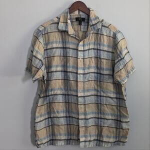 Men's Charter Club Luxury Linen Button Down Tan Blue Plaid Large